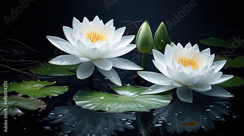 white lotus lilies in a natural pond. Highlight the blooming water lily flowers with their reflections on the calm and dark water surface.