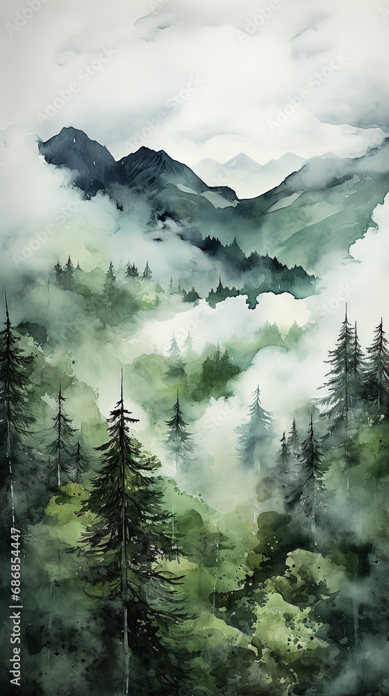 Watercolor with tranquility forest landscape. Poster art.