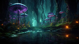 Glowing Bioluminescent Forest: A mystical forest at night illuminated by bioluminescent plants and creatures, creating an enchanting and ethereal atmosphere.
