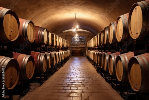 Huge cellar with wine barrels