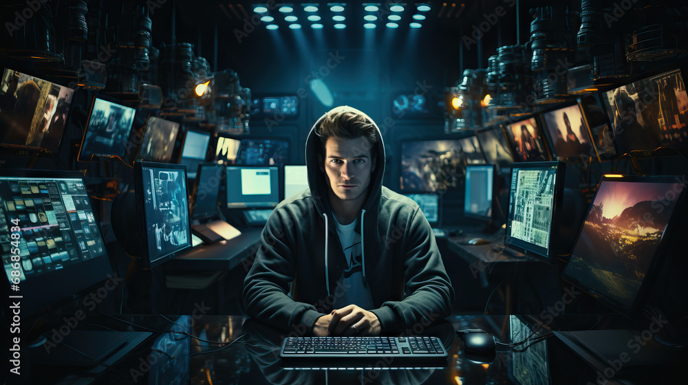 Ethical Hacker or Cybersecurity Expert: A portrait of a tech professional in a hoodie, sitting in front of multiple computer screens, symbolizing expertise in cybersecurity.