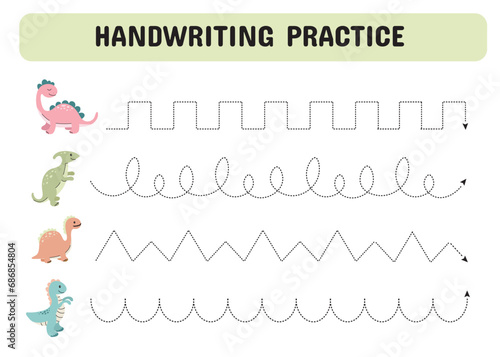 Tracing lines for children. Handwriting practice with cartoon dinosaurs. Educational game for preschool kids. Printable Page worksheet. Vector illustration