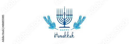 Happy Hanukkah, candle holder and bright star of david. Jewish holiday.
