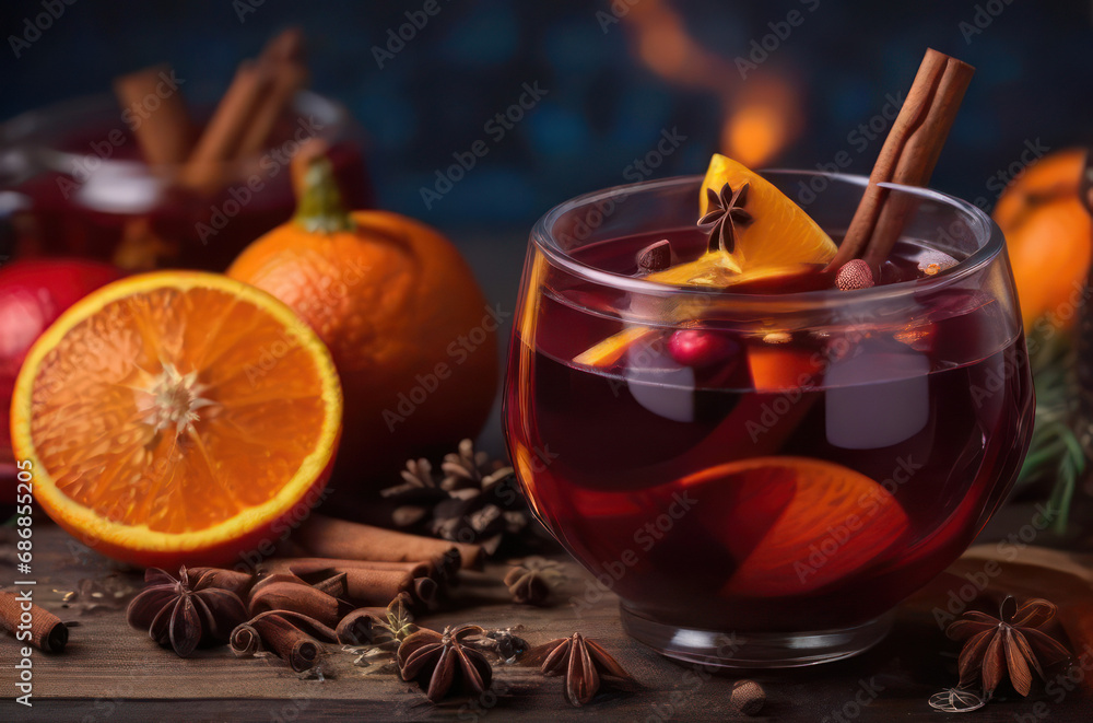 Christmas mulled red wine with aromatic spices and citrus fruits on a wooden rustic table. Traditional hot drink at Christmas time. Christmas mulled red wine with aromatic spices and citrus fruits on a wooden rustic table. Traditional hot drink at Christmas time.