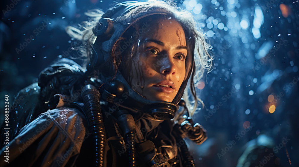 Cave Diving Explorer: A portrait of an explorer diving into uncharted 