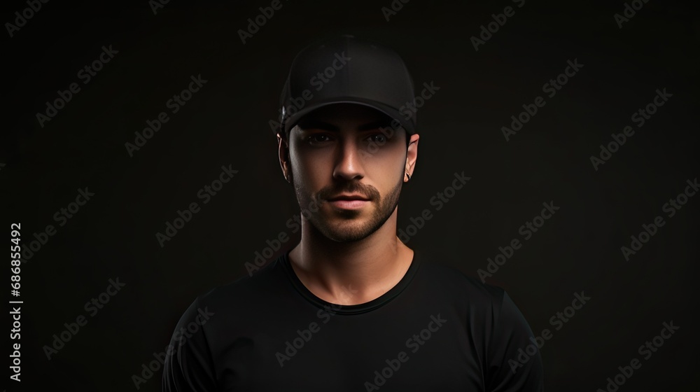 a man wearing a black blank t-shirt and a matching baseball cap, creating a mock-up scene with ample space for showcasing your logo or design. a man wearing a black blank t-shirt and a matching baseball cap, creating a mock-up scene with ample space for showcasing your logo or design.