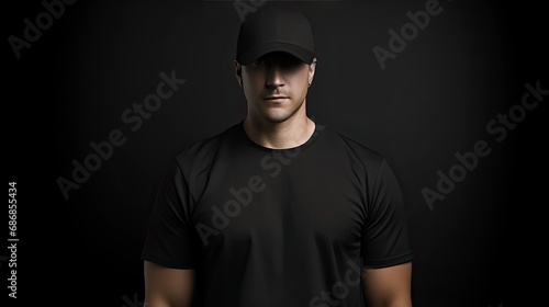a man wearing a black blank t-shirt and a matching baseball cap, creating a mock-up scene with ample space for showcasing your logo or design.