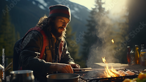 Adventure Chef: A portrait of a chef cooking gourmet meals in adventurous outdoor settings like mountain peaks or remote forests, combining culinary skills with outdoor exploration.