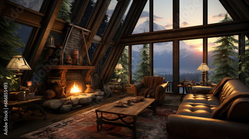 A picturesque cabin nestled in the woods with a crackling fireplace, cozy furniture, warm lighting, and a view of nature through large windows, capturing the tranquility of a remote retreat. © Lila Patel