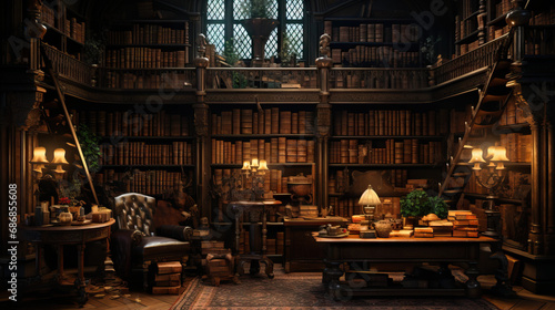 A classic library setting with rows of bookshelves, leather-bound books, wooden tables, antique lamps, and cozy reading corners, evoking a sense of literary charm and knowledge.