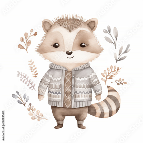 Charming watercolor illustration of a friendly raccoon in a detailed sweater, surrounded by a variety of soft-colored botanical elements, perfect for children's stories and room decor. High quality © Infusorian