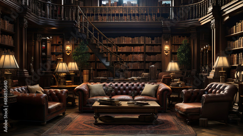 A classic library setting with rows of bookshelves  leather-bound books  wooden tables  antique lamps  and cozy reading corners  evoking a sense of literary charm and knowledge.