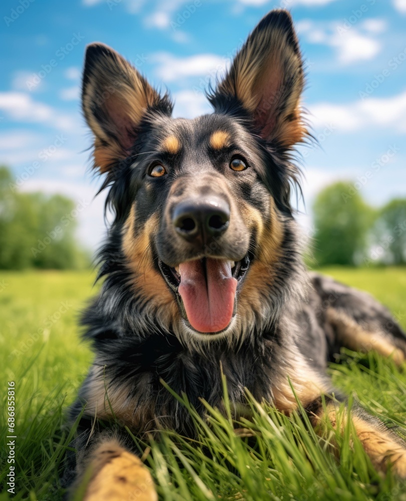 A german shepherd dog is laying in the grass. Generative AI. A german shepherd dog is laying in the grass. Generative AI.