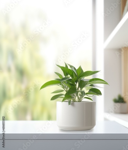 A potted plant sits on a white table in front of a big window. Generative AI.