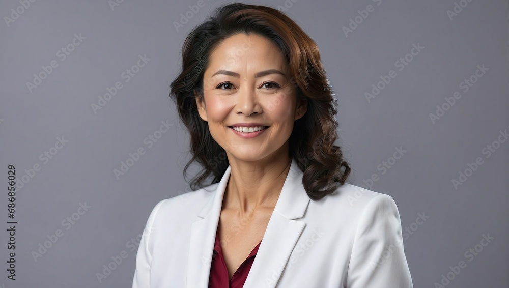 Middle-aged Asian businesswoman smiling, white blazer, professional, cheerful, light gray background Middle-aged Asian businesswoman smiling, white blazer, professional, cheerful, light gray background