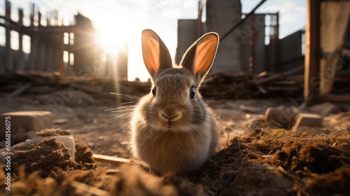 A rabbit sitting in the dirt in front of a building. Generative AI. photo