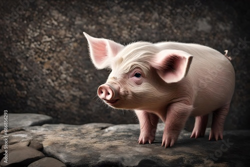 The image showcases an adorable and fluffy baby pig situated on a sturdy stone. The cuteness of the pig, coupled with its fluffy appearance, creates a charming and endearing scene. 