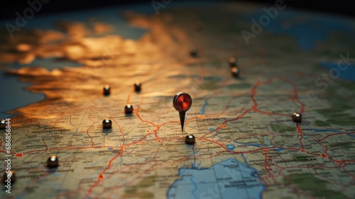 marking a location on a map with a pin, the sense of finding one's way, and incorporate elements that symbolize adventure, discovery, navigation, communication, logistics, geography and travel.