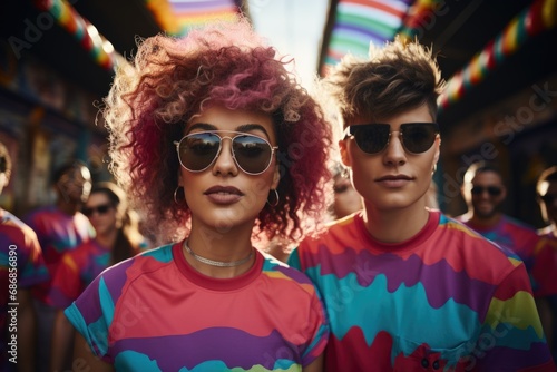 Young vibrant people in rainbow clothes on a pride event.
