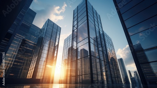 a close-up view of a business building in modern architectural style  Capture the intricate details and design elements against the backdrop of a cityscape.