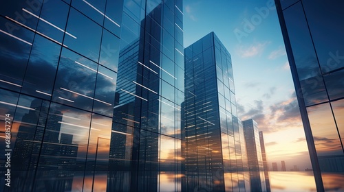 a close-up view of a business building in modern architectural style  Capture the intricate details and design elements against the backdrop of a cityscape.