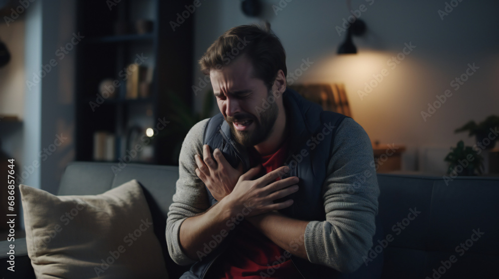 Young man having a chest pain while drinking tea at home