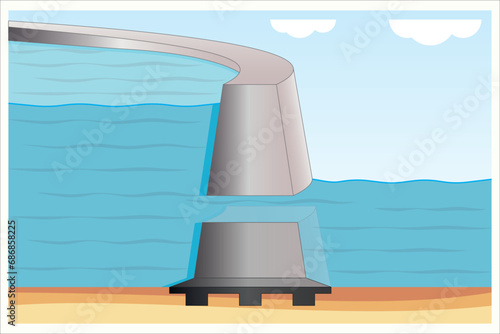 Physical energy. Hydroelectric power plant. Tidal Power Plant illustration. Dam cartoon illustration. Electricity production. Energy transfer. Dam that stores water.