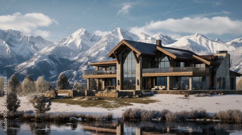 A stunning country home nestled amidst snowy mountains and a serene lake. Generative AI. A stunning country home nestled amidst snowy mountains and a serene lake. Generative AI.