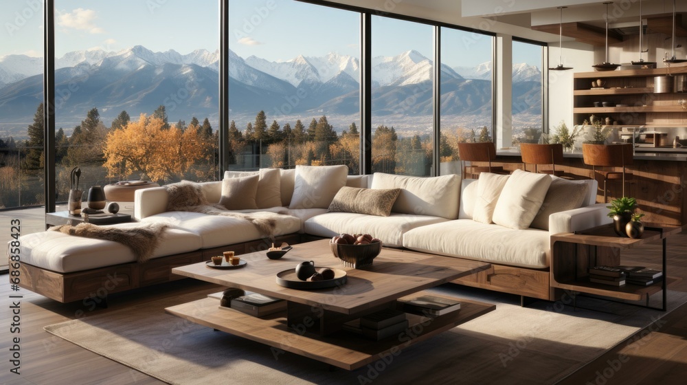 A modern luxury living area with breathtaking mountain views in Colorado. Generative AI. - obrazy, fototapety, plakaty 