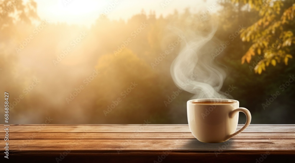 A hot coffee in a white mug sits on a wooden table, surrounded by smoke and bathed in sunlight. Generative AI. A hot coffee in a white mug sits on a wooden table, surrounded by smoke and bathed in sunlight. Generative AI.
