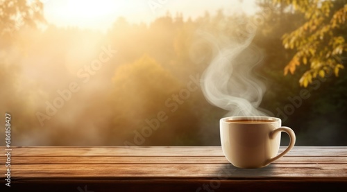 A hot coffee in a white mug sits on a wooden table, surrounded by smoke and bathed in sunlight. Generative AI.