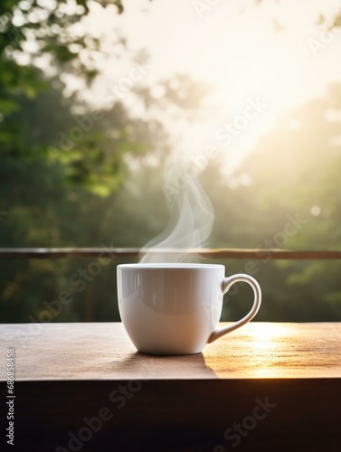 A coffee cup on a wooden table with a sunrise in the background. Generative AI.