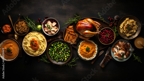 Thanksgiving dinner with roasted turkey on rustic wooden table.