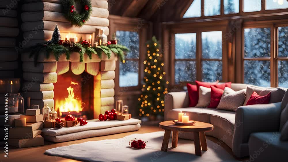 Cozy Wood Cabin Tilt Shift Style with Christmas Decorated Fireplace, Snow falling in the Forest -4k Seamless Loop Cozy Wood Cabin Tilt Shift Style with Christmas Decorated Fireplace, Snow falling in the Forest -4k Seamless Loop