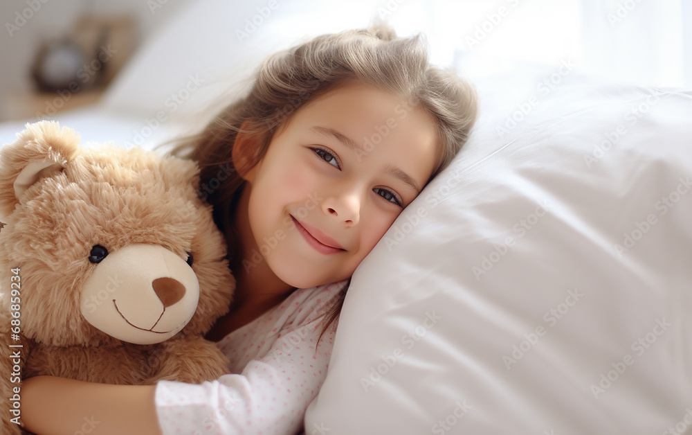 Cute little fair-skinned child girl hugging teddy bear. Love and tenderness. Happy childhood concept. Cute little fair-skinned child girl hugging teddy bear. Love and tenderness. Happy childhood concept.
