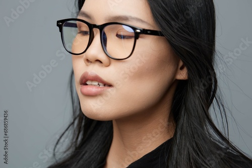 Student woman smile cute attractive beautiful studio face business beauty glasses asian fashion portrait background