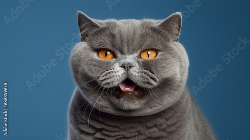 Funny portrait of happy smiling gray cat with opened mouth on Isolated blue background