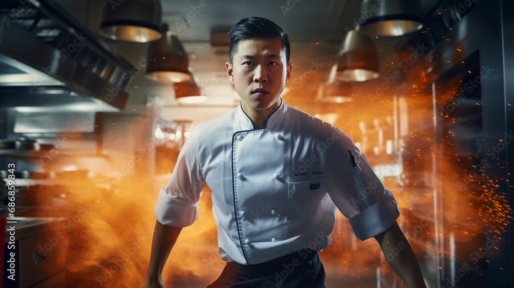 Dynamic identity portrait of a young Asian chef, vibrant kitchen backdrop, candid expression of passion and focus Dynamic identity portrait of a young Asian chef, vibrant kitchen backdrop, candid expression of passion and focus