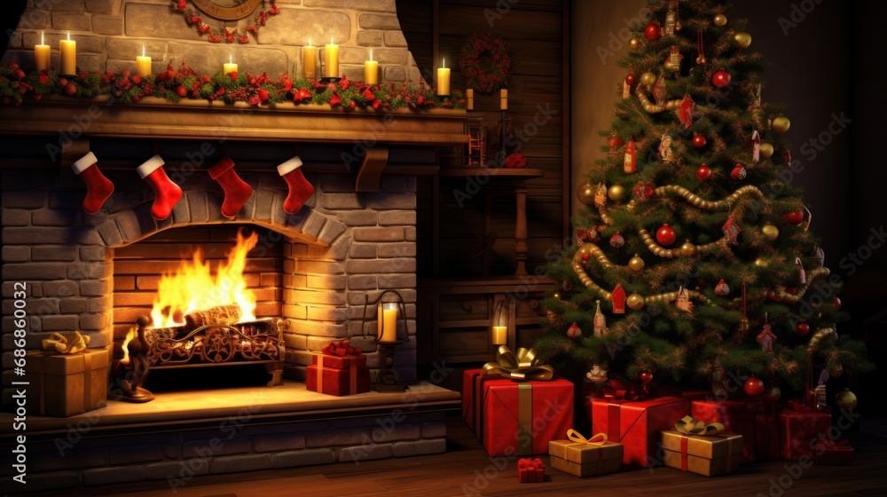  a christmas tree in a living room with a fireplace and a christmas tree on the fireplace mantel mantel.