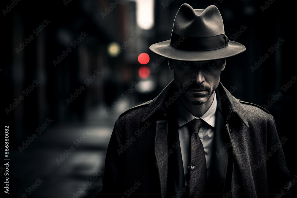 Noir detective character portrait, fedora hat, trench coat, shadowy alley backdrop - obrazy, fototapety, plakaty 