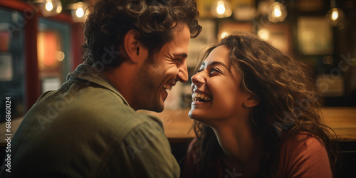 Joyous emotive portrait of a couple sharing a secret  close-up  whispering  candid moment