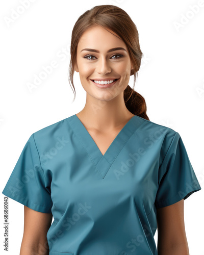 Portrait of a Caucasian female nurse smiling, transparent background (PNG)