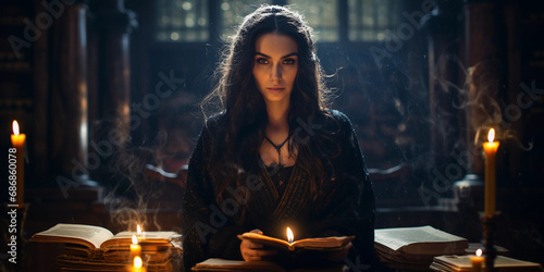 Medieval sorceress character portrait, flowing dark robes, glowing amulet, ancient library setting with floating books photo