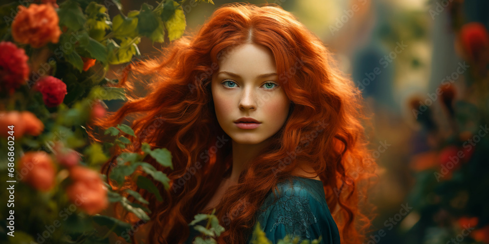 Pre-Raphaelite fine art portrait, a woman with cascading red hair, soft gaze, surrounded by nature and floral motifs Pre-Raphaelite fine art portrait, a woman with cascading red hair, soft gaze, surrounded by nature and floral motifs