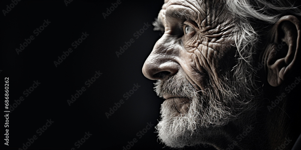 Reflective emotive portrait of an elderly person, eyes gazing into the distance, textured skin, side lighting