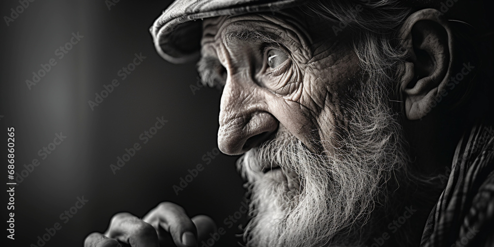 Reflective emotive portrait of an elderly person, eyes gazing into the distance, textured skin, side lighting