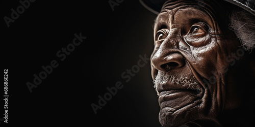 Reflective emotive portrait of an elderly person  eyes gazing into the distance  textured skin  side lighting