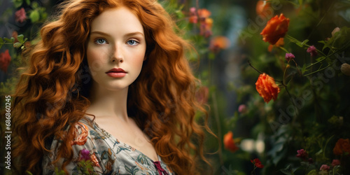 Pre-Raphaelite fine art portrait, a woman with cascading red hair, soft gaze, surrounded by nature and floral motifs