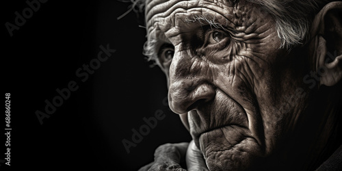 Reflective emotive portrait of an elderly person, eyes gazing into the distance, textured skin, side lighting