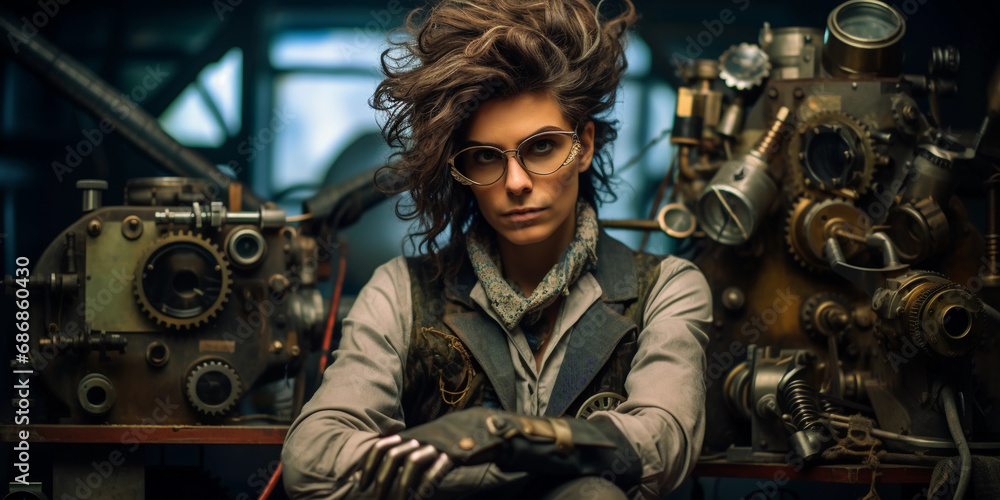 Steampunk inventor character portrait, brass goggles atop messy hair, Victorian-inspired workshop backdrop Steampunk inventor character portrait, brass goggles atop messy hair, Victorian-inspired workshop backdrop